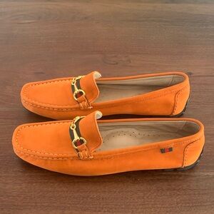 Orange Suede Loafers with Gold Horsebit, Sz EU 39 or US 8.5